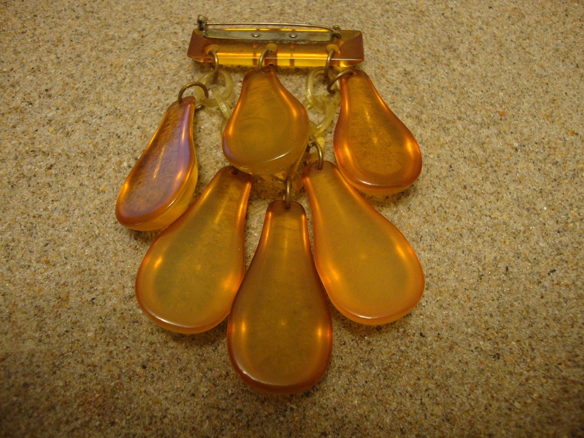 Vintage Gold Prystal Bakelite Brooch: Pear Dangle Bar Pin