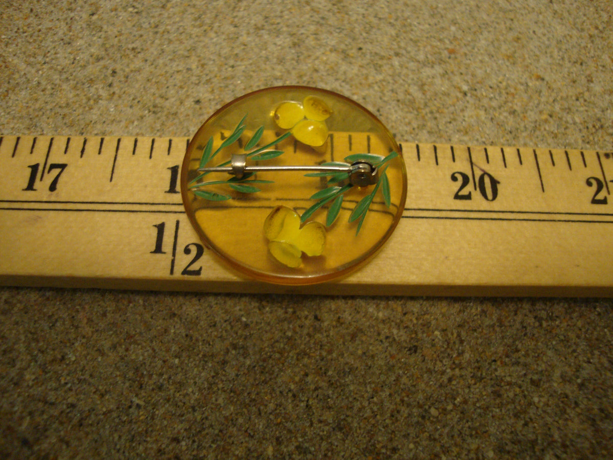 Vintage Bakelite Brooch: Hand-Painted Reverse Carved Flowers