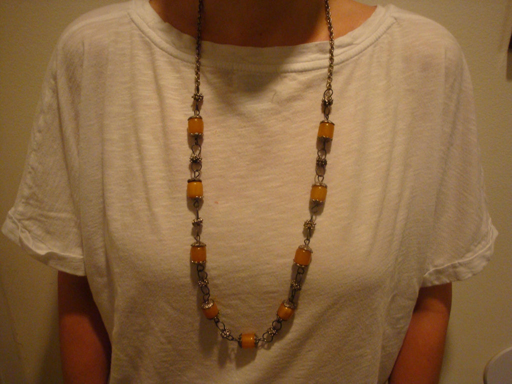 Vintage 33" Bakelite Necklace! Barrel Beads; Silvertone Chain, Settings Beads!