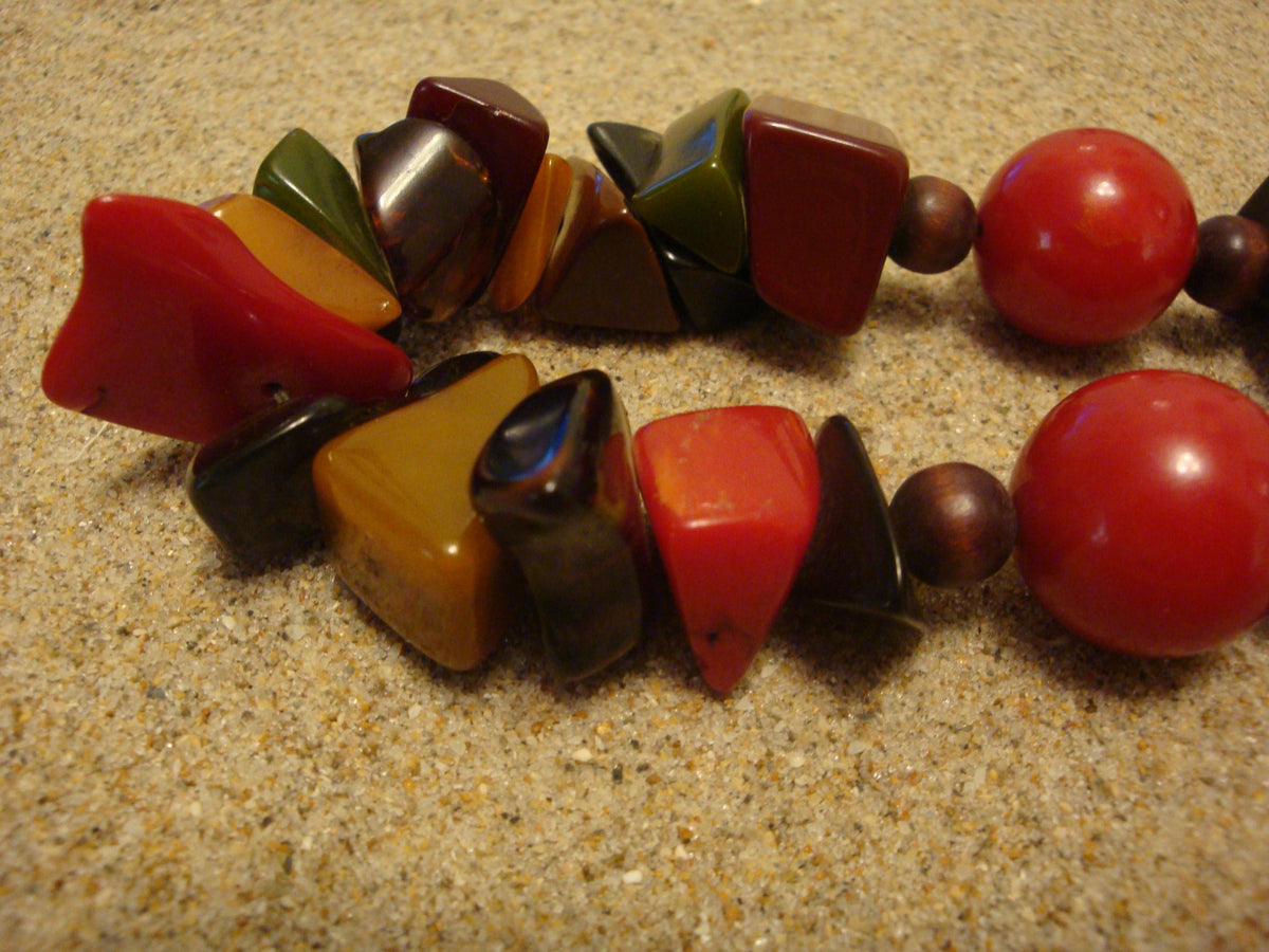 Unique 27" Artisan Bakelite Necklace! Round Red Beads w/ Multi Colored Chunks!