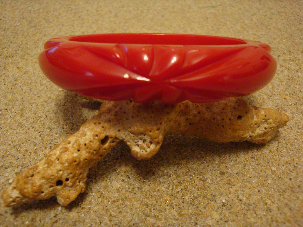 Vintage 5/8" Bakelite Bracelet! Bright Cherry Red; Four Abstract Flower Carvings!