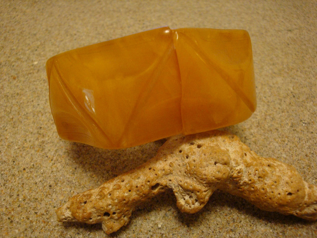 Vintage Marbled Clear & Opaque Yellow Bakelite Clamper Bracelet; Abstract Geometric Design!