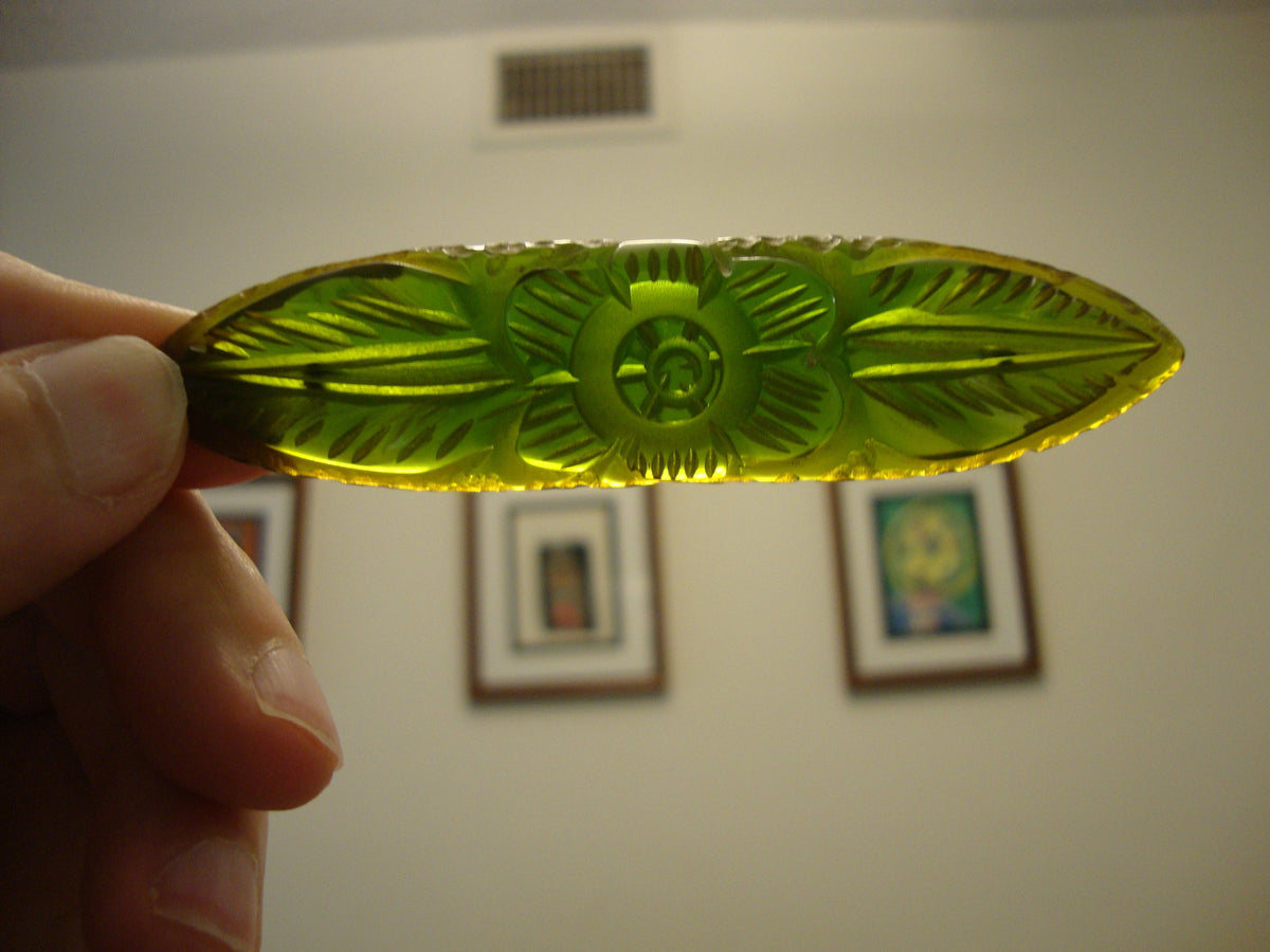 Vintage Bakelite Brooch! Translucent Lime Green w/ Carved Flower & Leaf Design!