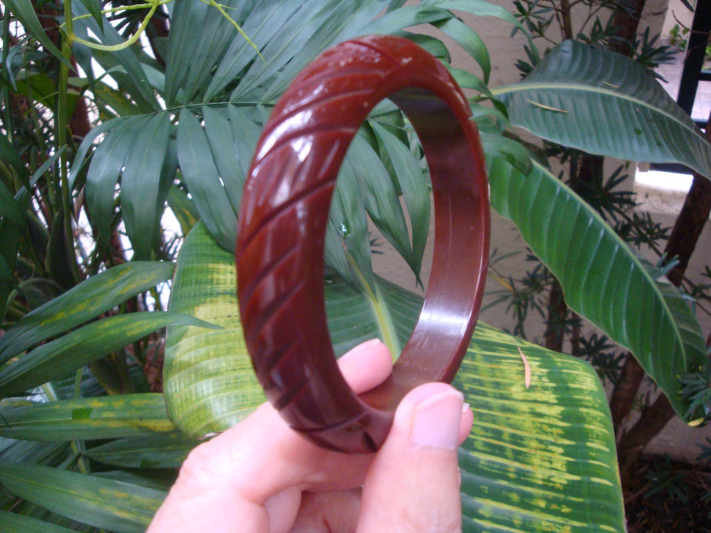 Vintage Brown Bakelite Bangle Bracelet, Carved Dragonfly Design