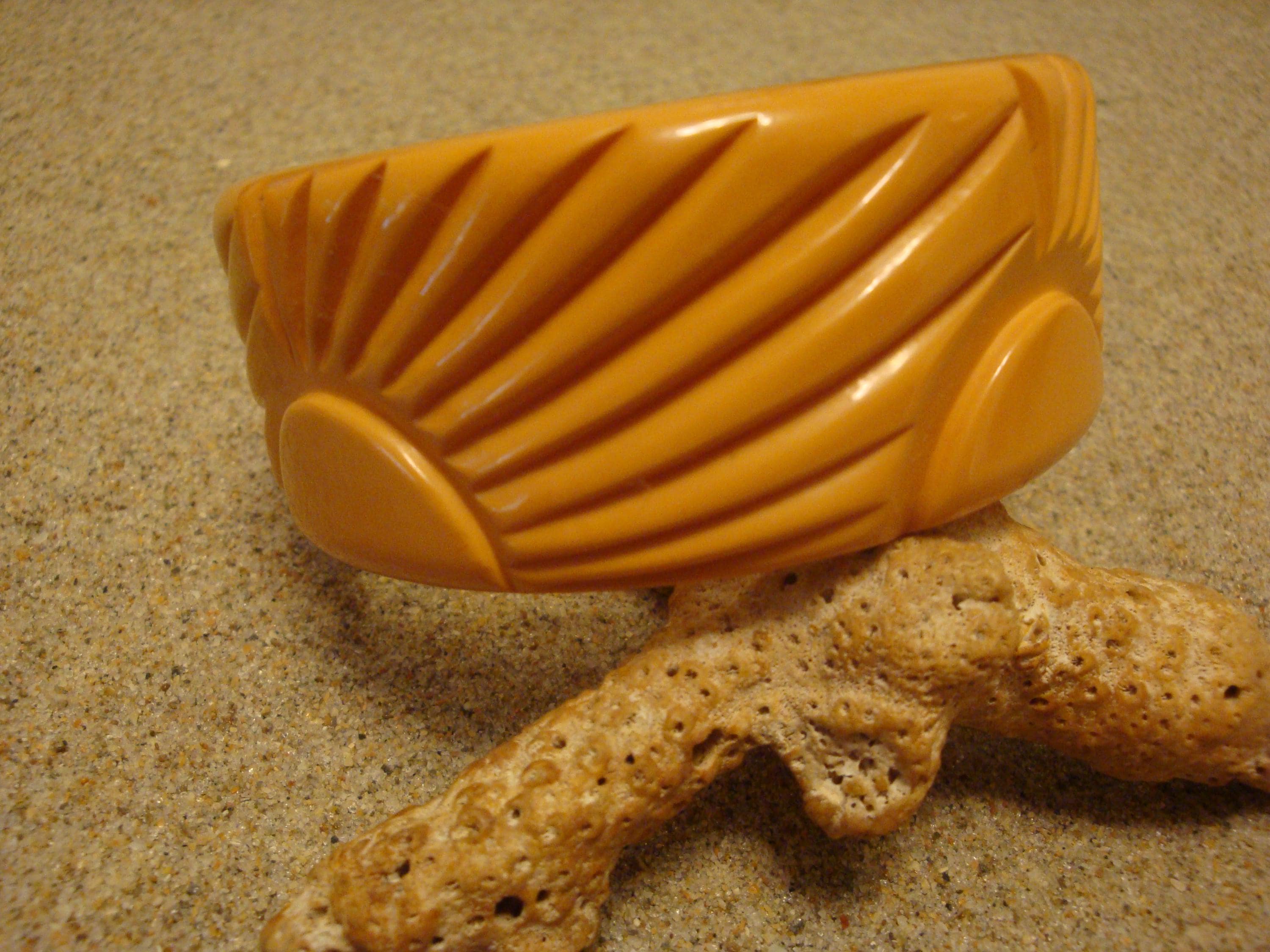 Vintage Canary Yellow Bakelite Bracelet: Carved Flower Design!