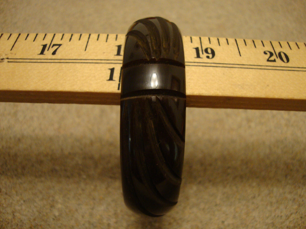 Vintage Carved Bakelite Bracelet: Dark Greenish Brown, Abstract Floral Design