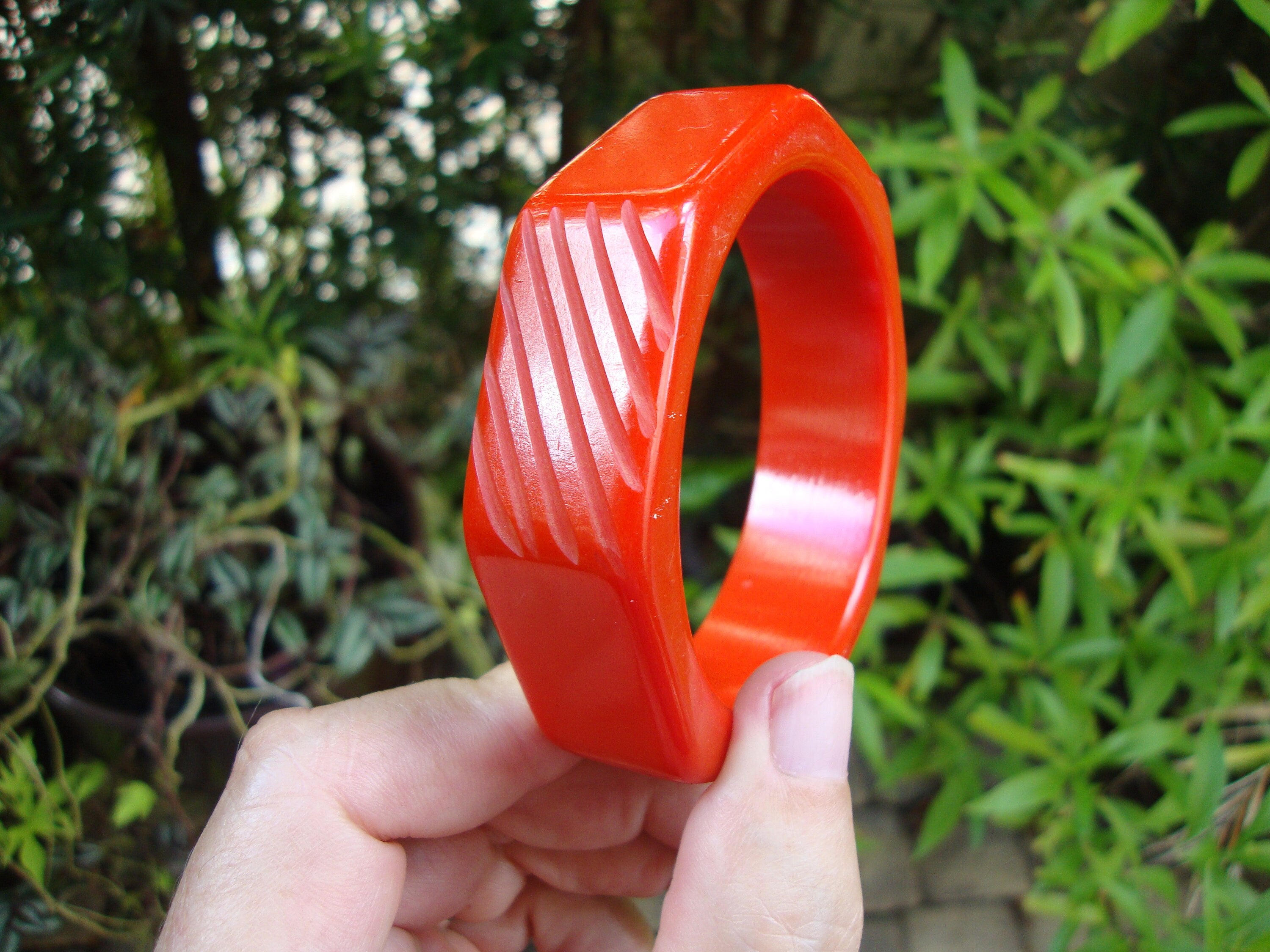Vintage 7/8" Red Bakelite Bracelet! Octagon Shape w/ Diagonal Slash Carvings!