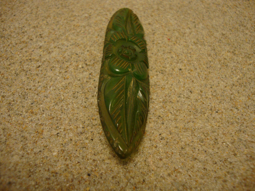 Vintage Bakelite Brooch! Translucent Lime Green w/ Carved Flower & Leaf Design!