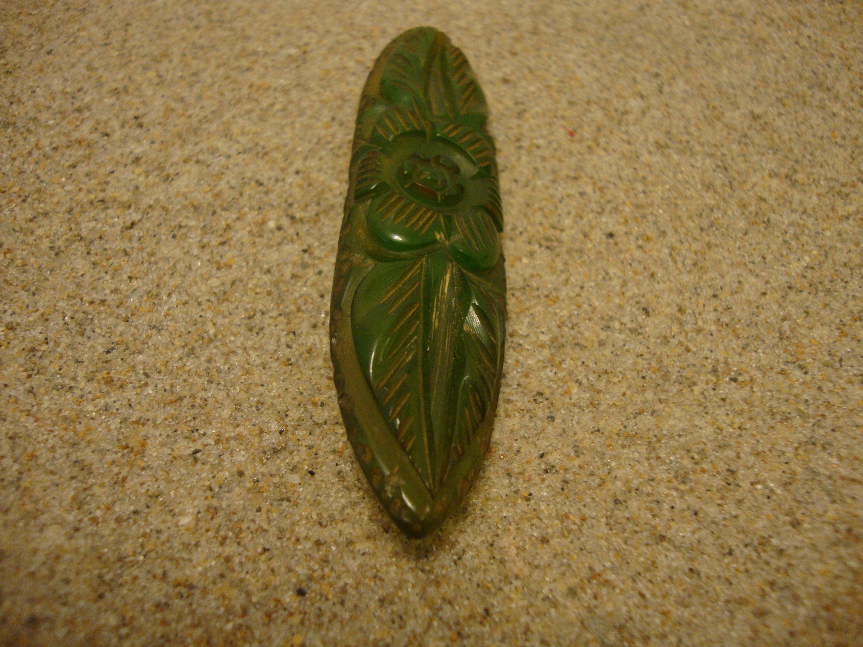 Vintage Bakelite Brooch! Translucent Lime Green w/ Carved Flower & Leaf Design!