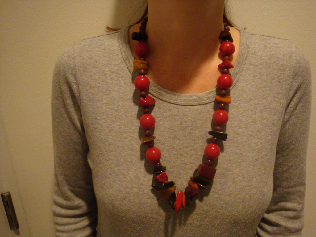 Unique 27" Artisan Bakelite Necklace! Round Red Beads w/ Multi Colored Chunks!