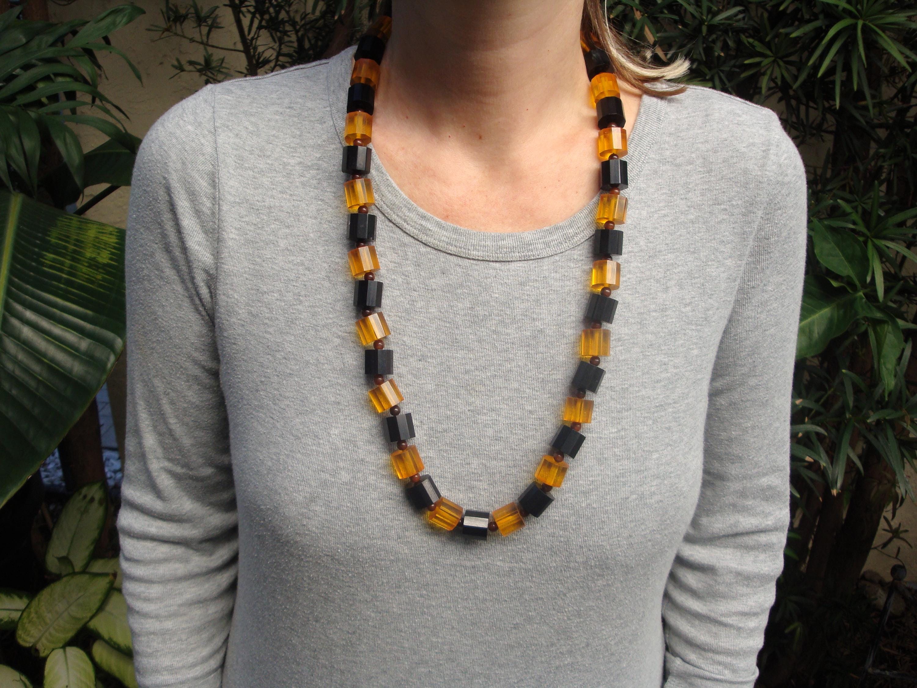 Vintage 30" Bakelite Applejuice/Black 1/2" Faceted Barrel Bead Necklace! 127g!!