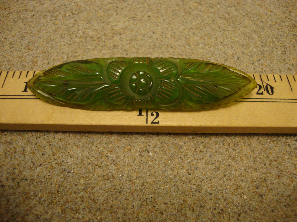 Vintage Bakelite Brooch! Translucent Lime Green w/ Carved Flower & Leaf Design!