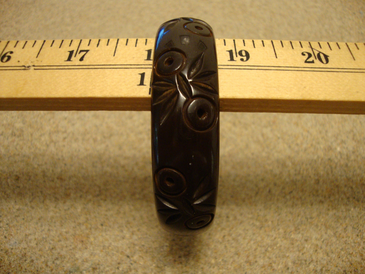 Vintage Midnight Green Bakelite Bracelet: Abstract Floral Carvings