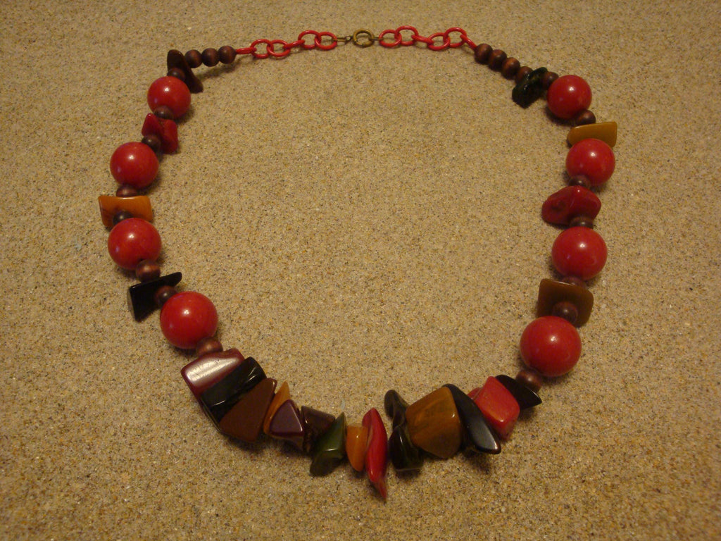 Unique 27" Artisan Bakelite Necklace! Round Red Beads w/ Multi Colored Chunks!