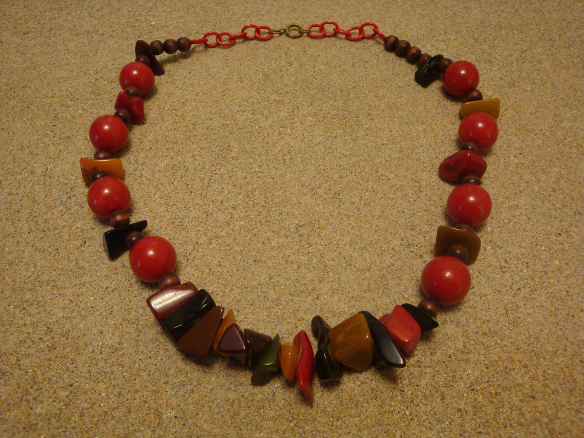 Unique 27" Artisan Bakelite Necklace! Round Red Beads w/ Multi Colored Chunks!