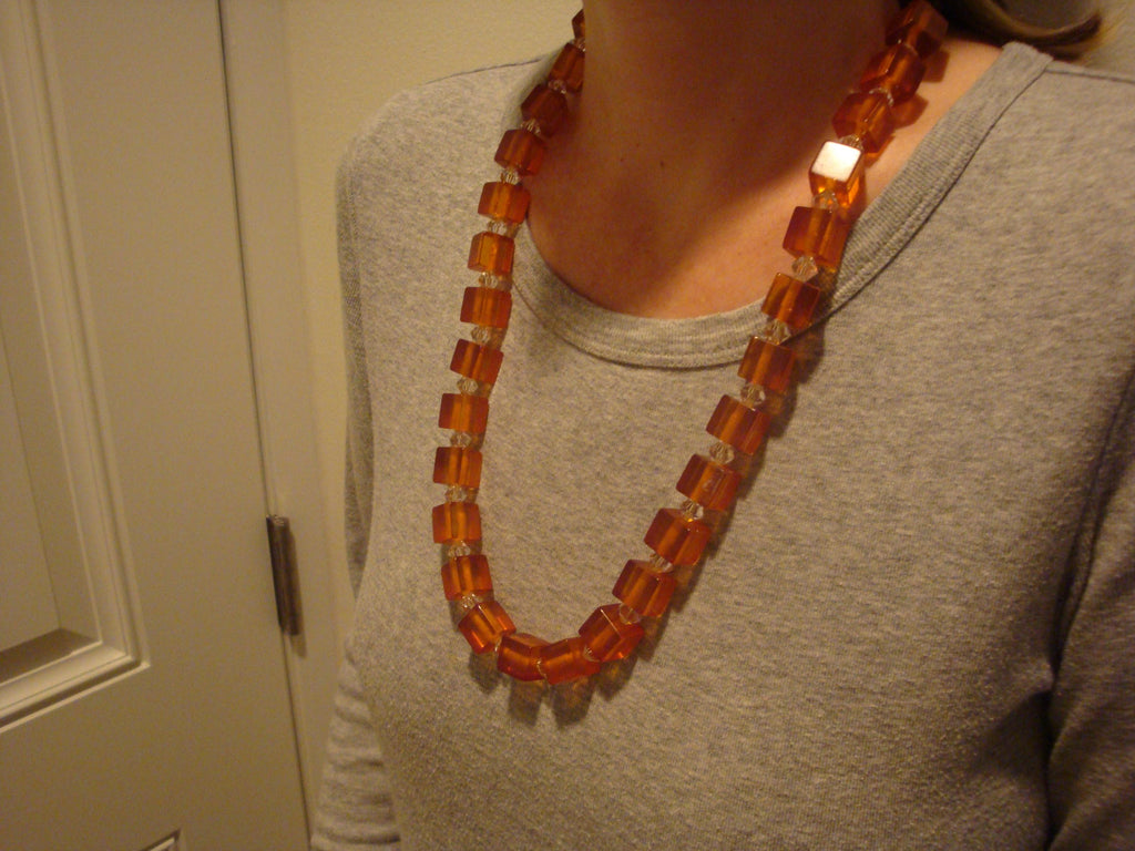 27" Bakelite Applejuice 1/2" Cube Necklace with Crystal Separation Beads! 105grams!!
