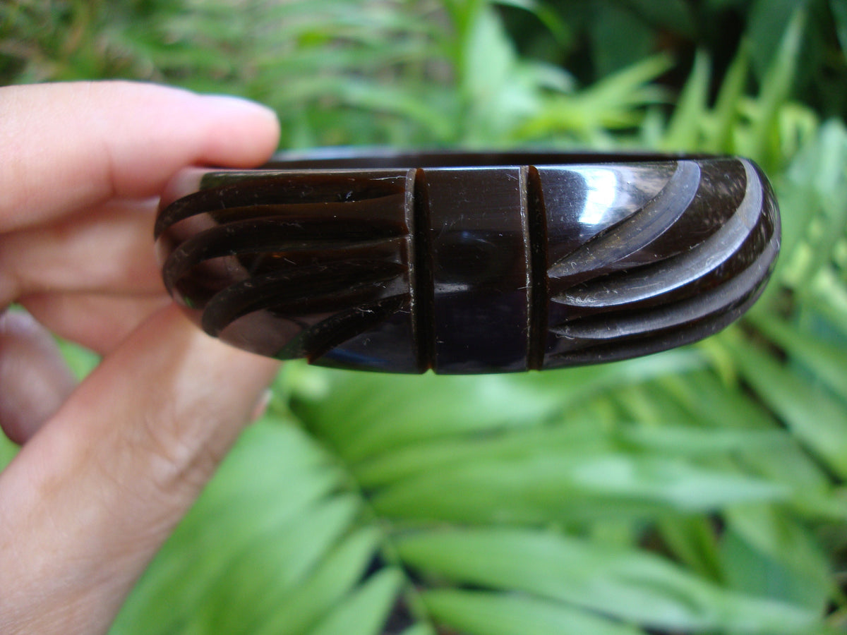 Vintage Carved Bakelite Bracelet: Dark Greenish Brown, Abstract Floral Design