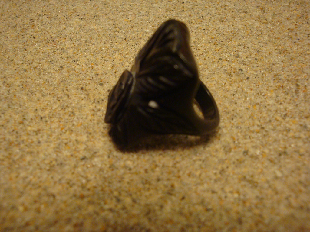 Vintage Jet Black Bakelite Ring! Flower & Leaf Carvings; Size 4!