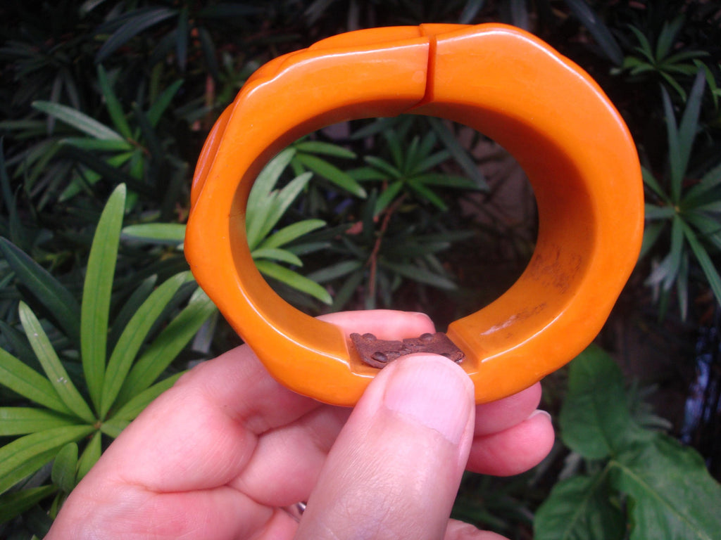 Vintage 1 1/4" Bakelite Clamper Bracelet! Yellow w/ Abstract Geometric Carvings!