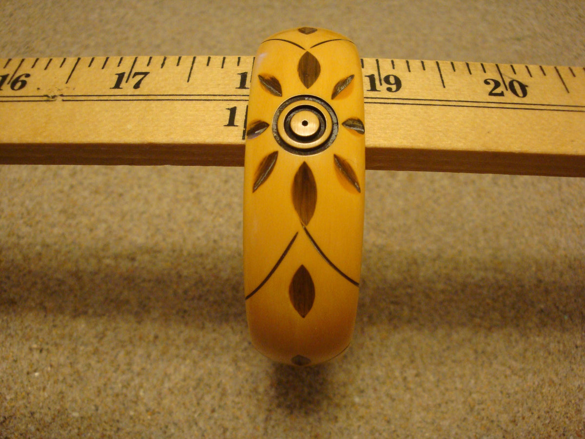 Vintage  7/8" Yellow Bakelite Bracelet w/ Three Overdyed Large Flower Carvings!