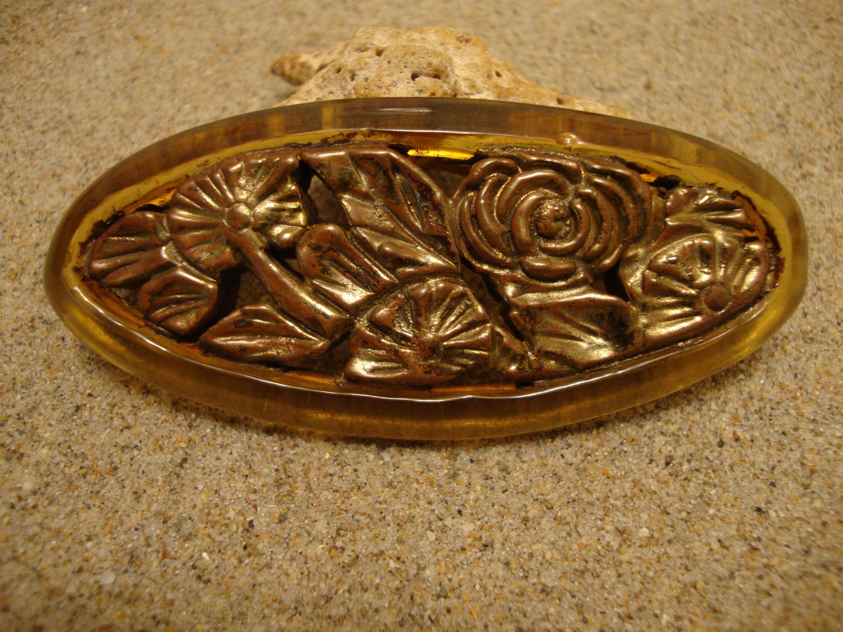 Rare Vintage Bakelite Brooch! Dichromatic Yellow w/ Gold Painted Rose Carvings!