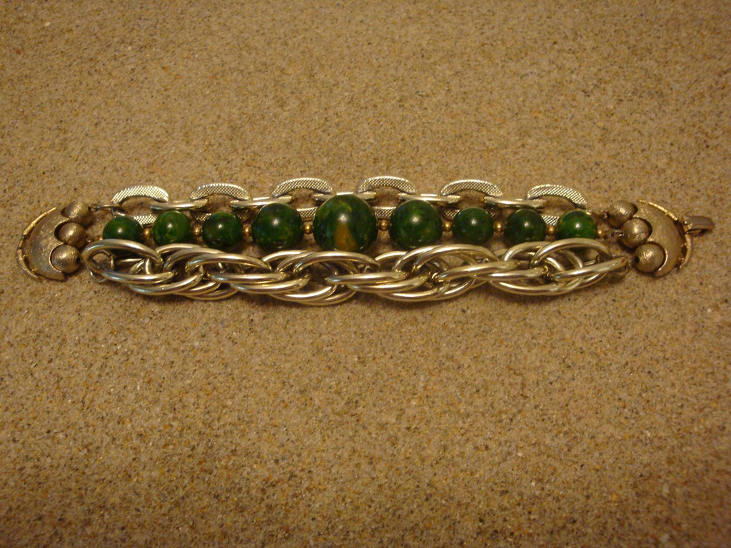 Vintage Marbled Green Bakelite Bead Bracelet with Silver-tone Chain