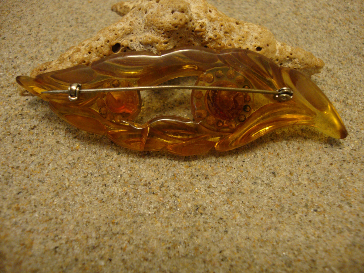 Vintage Bakelite Brooch! Carved Leaf Design w/ Rhinestone & Ruby Red Cabochons!