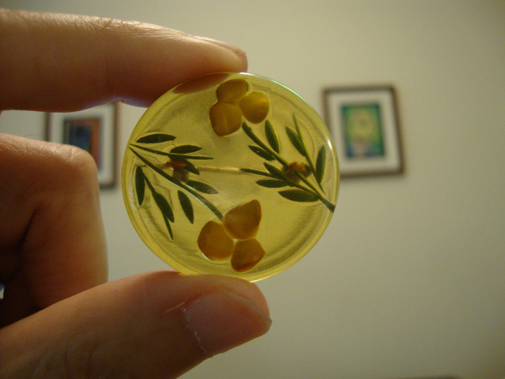 Vintage Bakelite Brooch: Hand-Painted Reverse Carved Flowers
