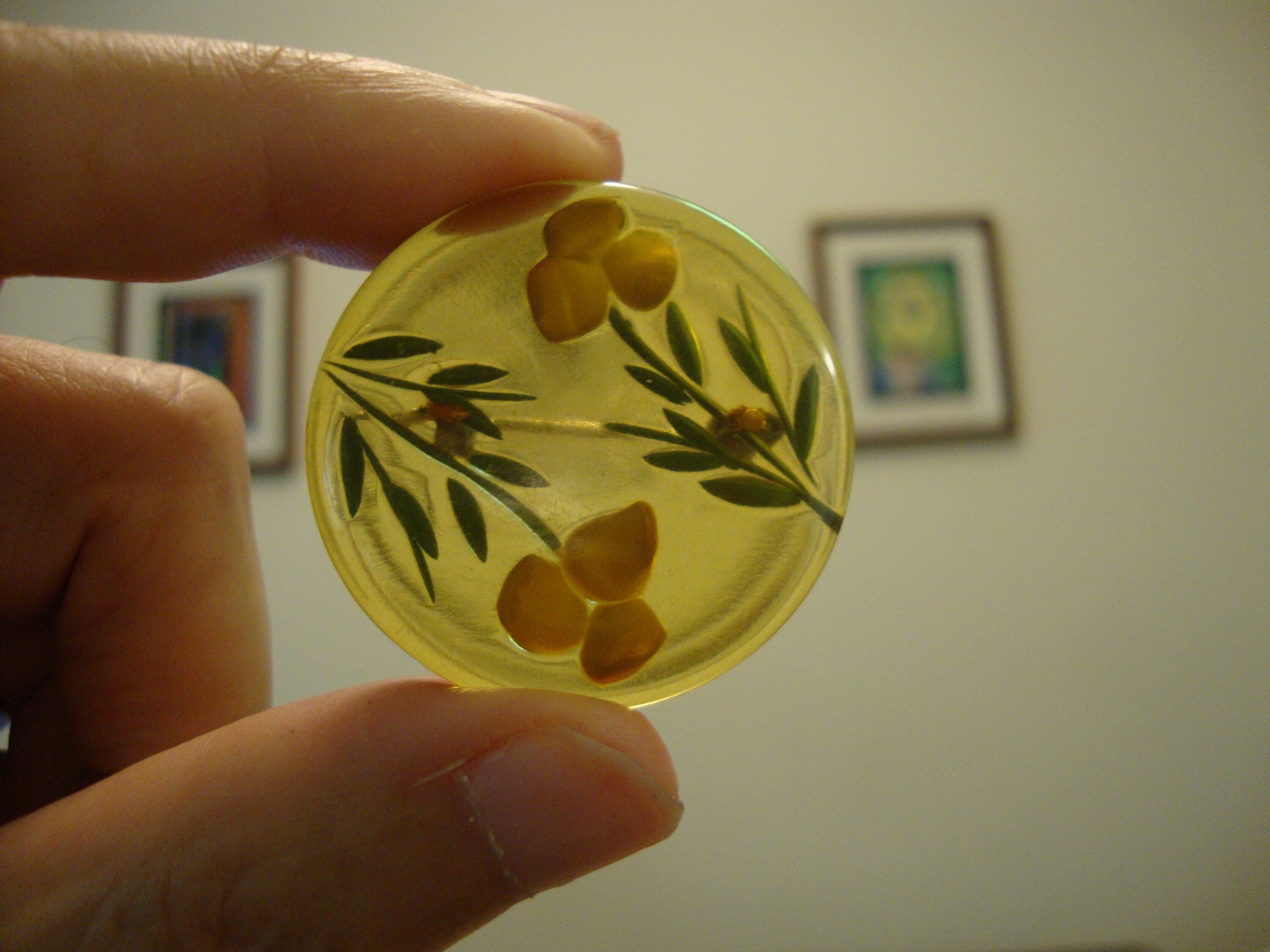 Vintage Bakelite Brooch: Hand-Painted Reverse Carved Flowers