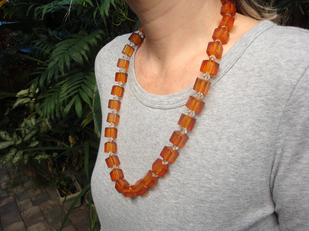 27" Bakelite Applejuice 1/2" Cube Necklace with Crystal Separation Beads! 105grams!!