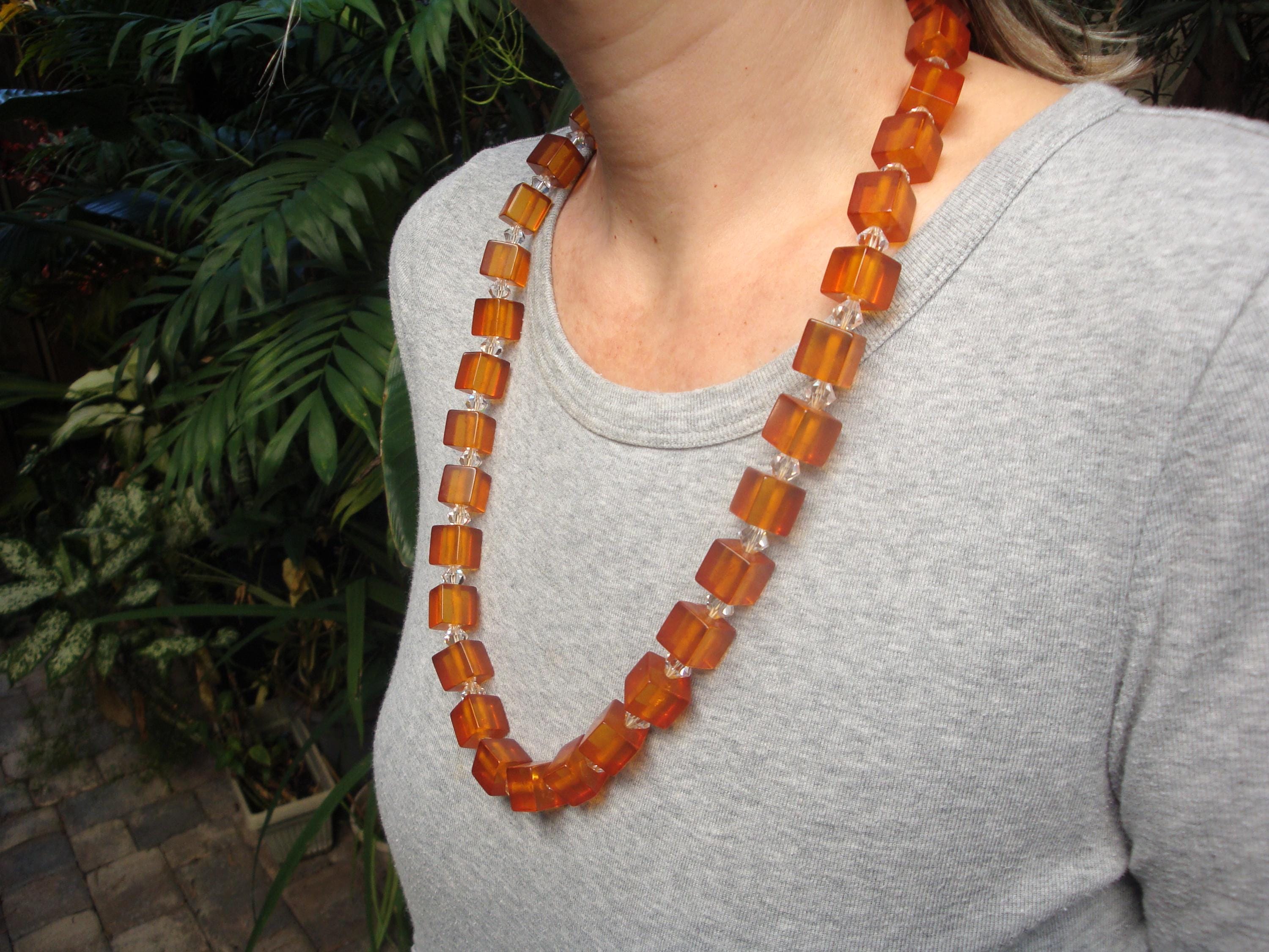 27" Bakelite Applejuice 1/2" Cube Necklace with Crystal Separation Beads! 105grams!!
