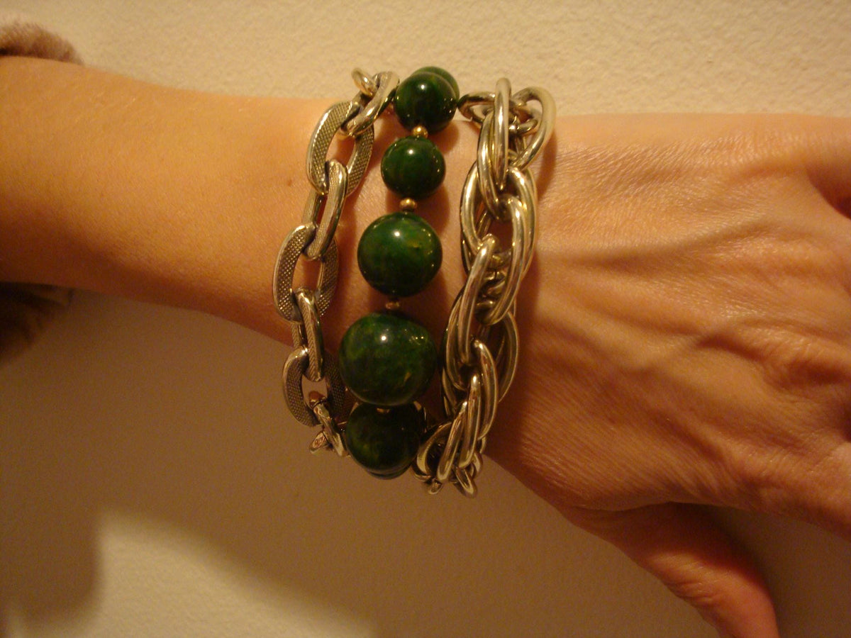 Vintage Marbled Green Bakelite Bead Bracelet with Silver-tone Chain
