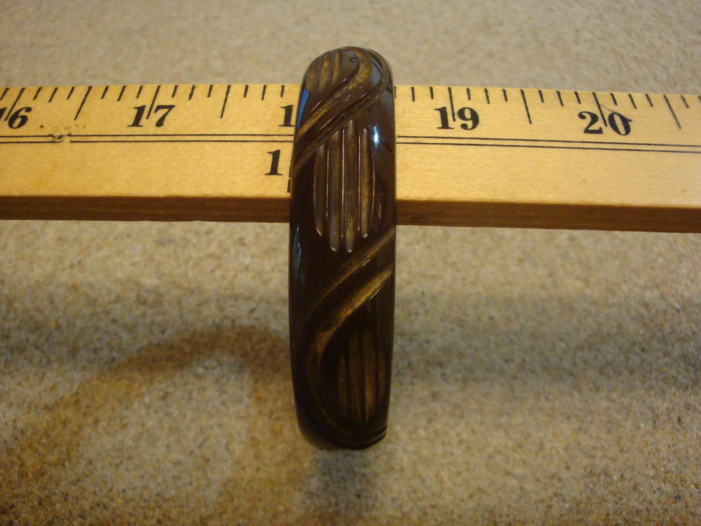 Vintage 5/8" Bakelite Bracelet! Brown w/ Semi Circle & Horizonal Slash Carvings!