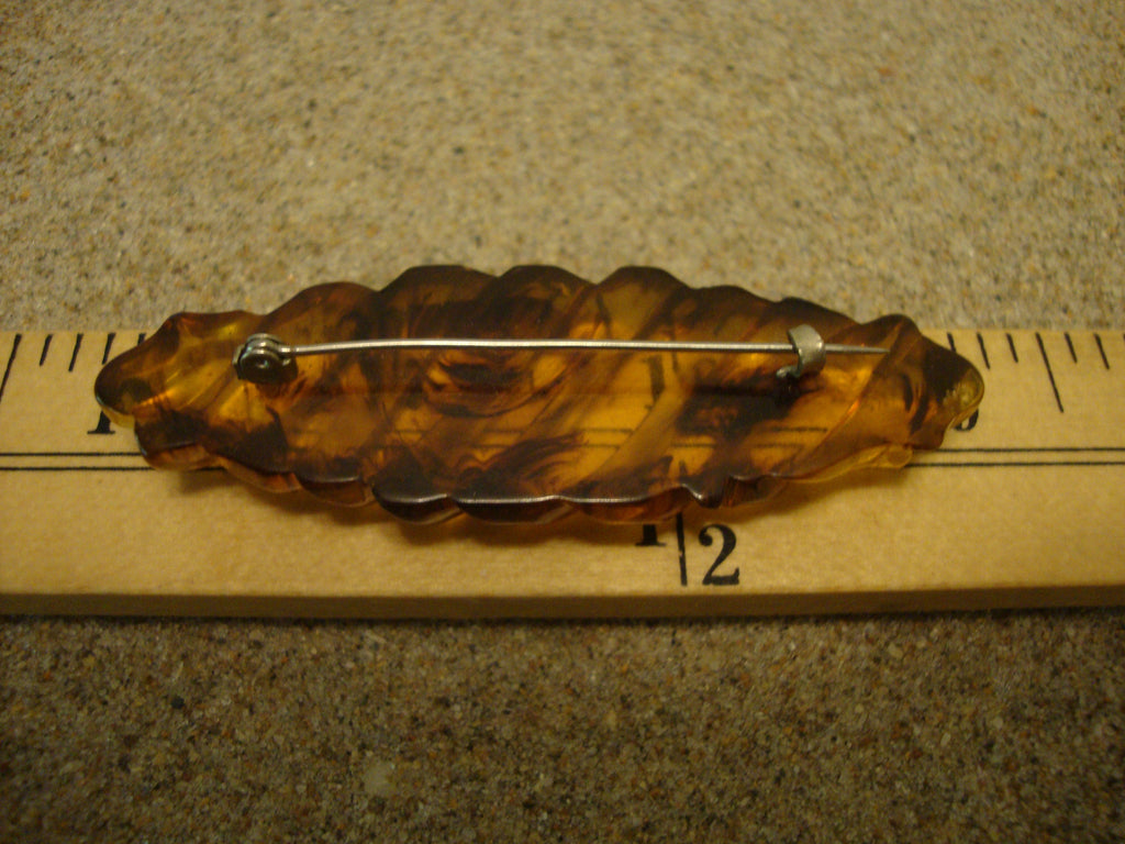 Vintage Bakelite Brooch: Gold Marbled Carved Design, 1940s