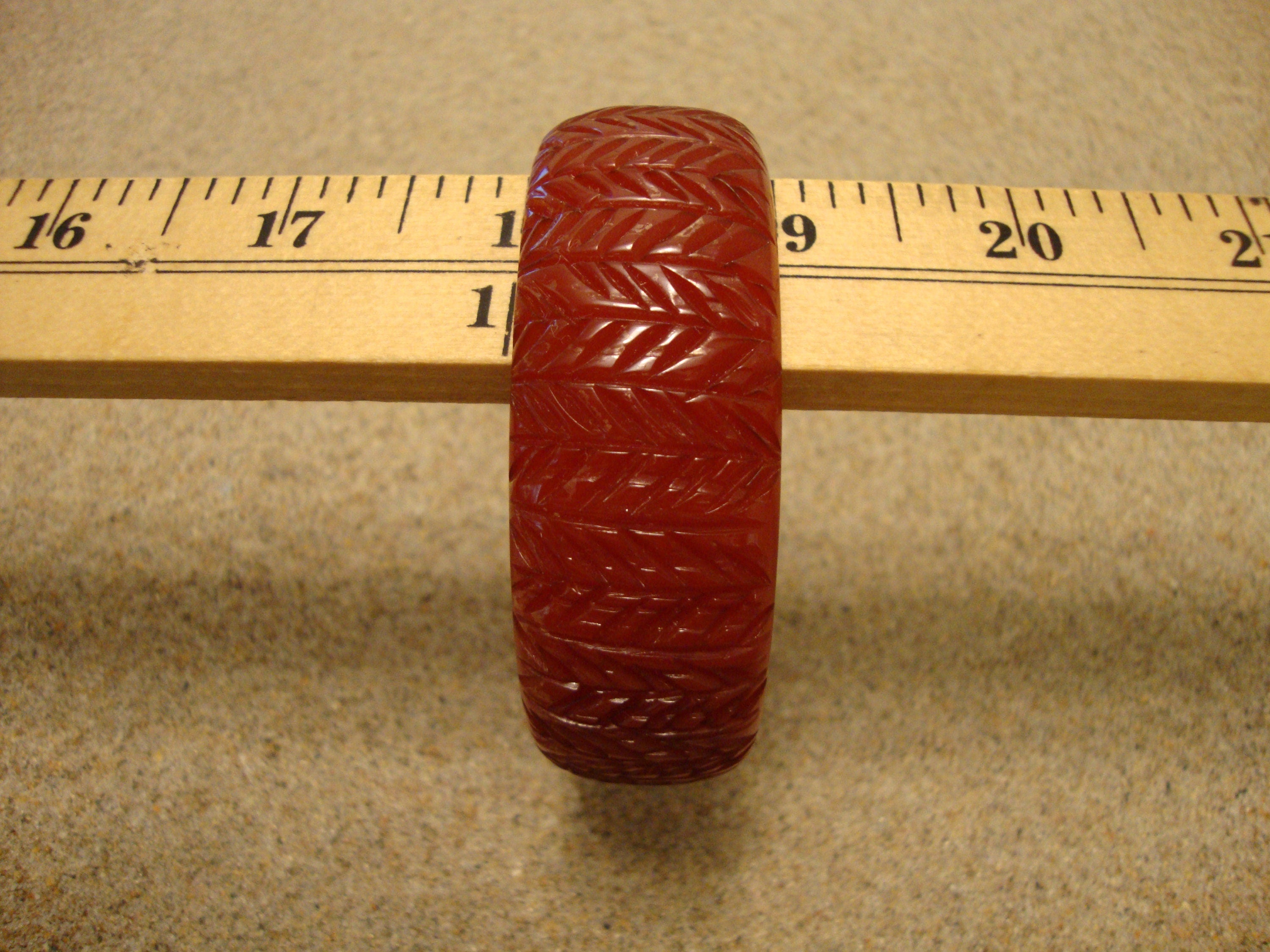 Vintage 1" Bakelite Bracelet! Blood Orange w/ Vertical Branch/Leaf Carvings!