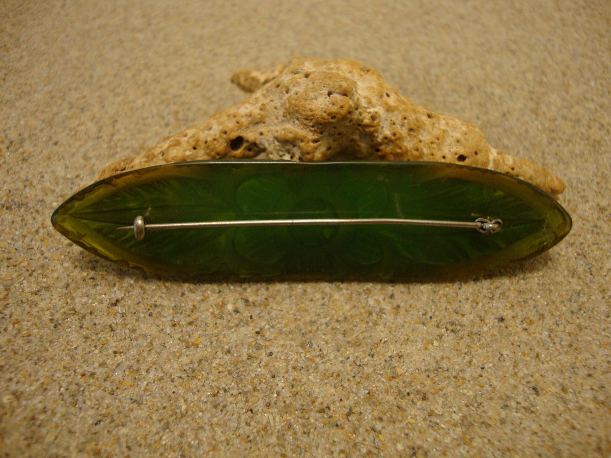 Vintage Bakelite Brooch! Translucent Lime Green w/ Carved Flower & Leaf Design!