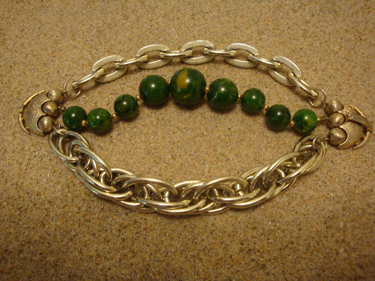 Vintage Marbled Green Bakelite Bead Bracelet with Silver-tone Chain