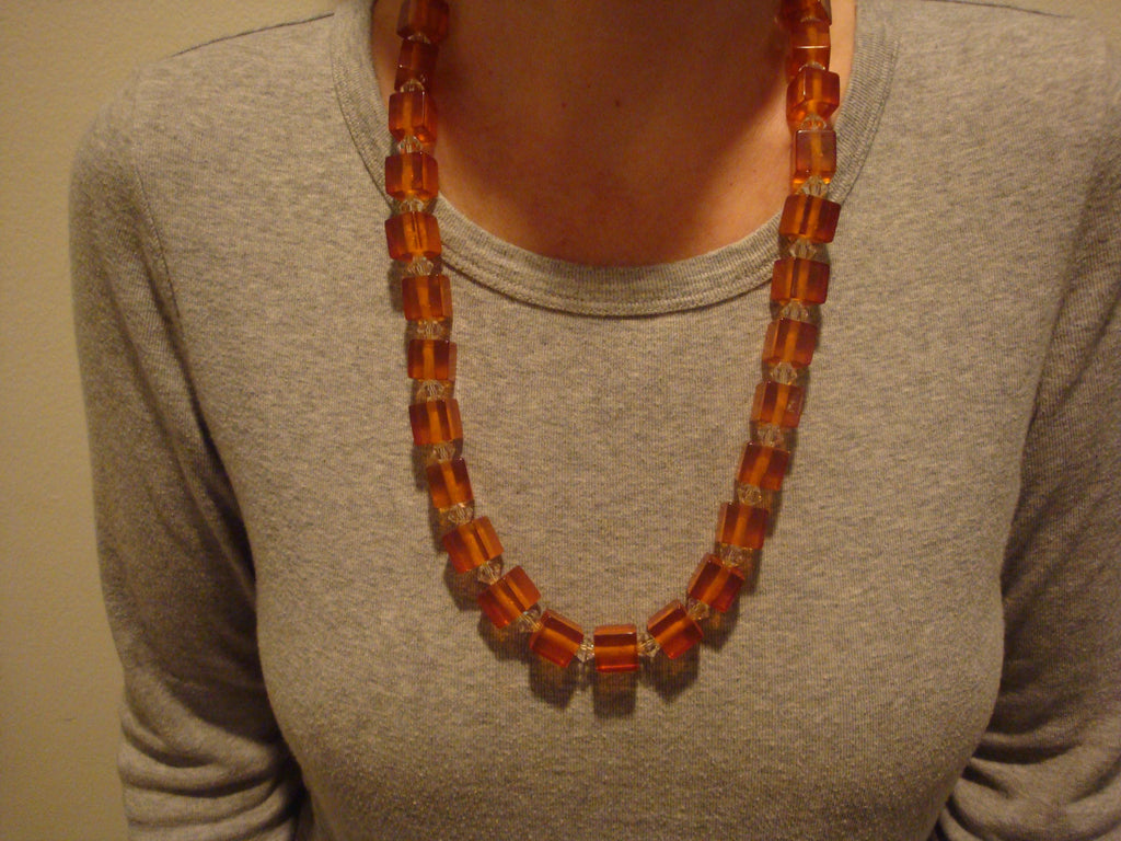 27" Bakelite Applejuice 1/2" Cube Necklace with Crystal Separation Beads! 105grams!!