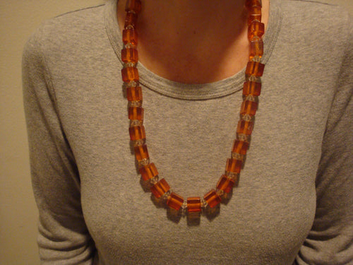 27" Bakelite Applejuice 1/2" Cube Necklace with Crystal Separation Beads! 105grams!!