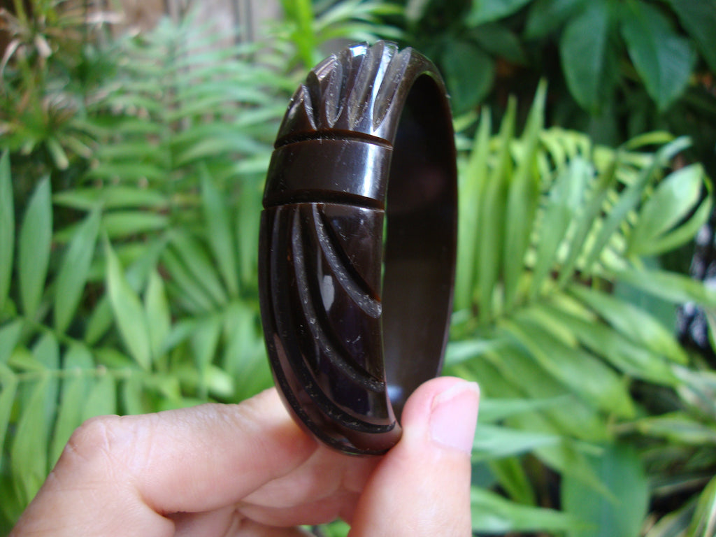 Vintage Carved Bakelite Bracelet: Dark Greenish Brown, Abstract Floral Design