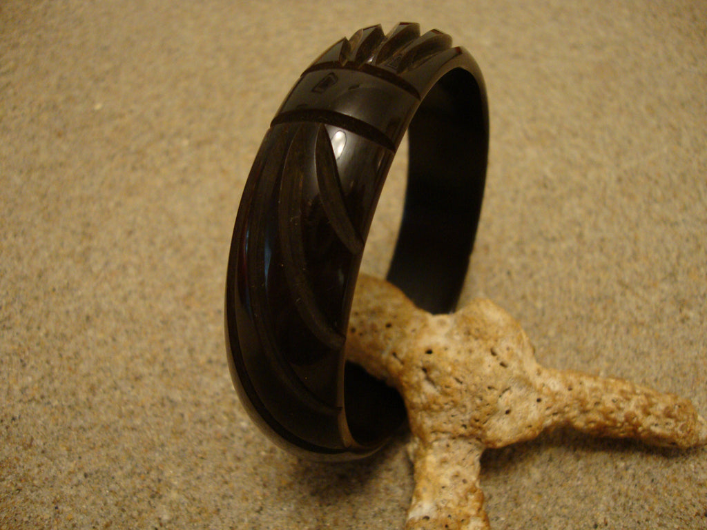 Vintage Carved Bakelite Bracelet: Dark Greenish Brown, Abstract Floral Design