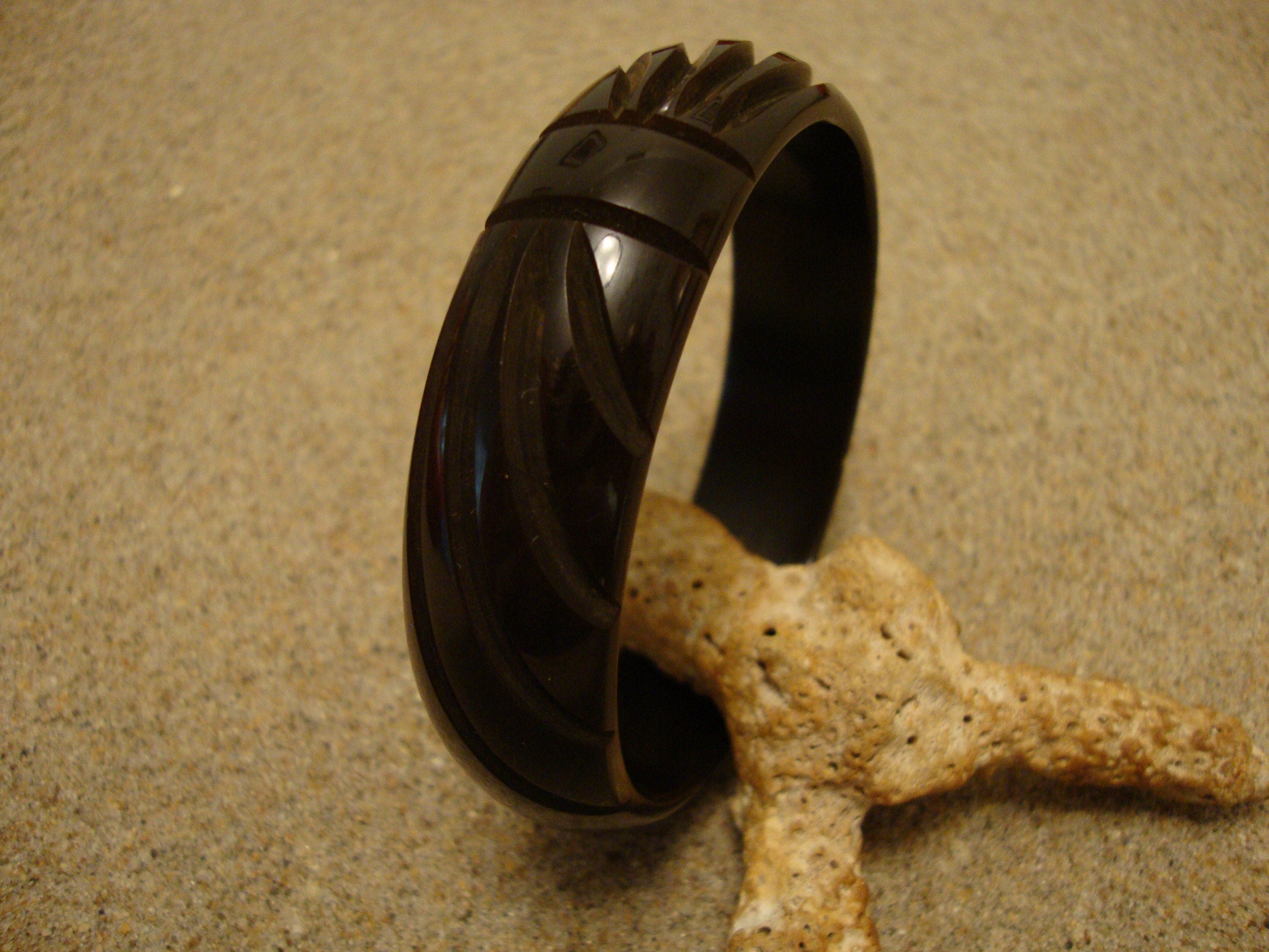 Vintage Carved Bakelite Bracelet: Dark Greenish Brown, Abstract Floral Design