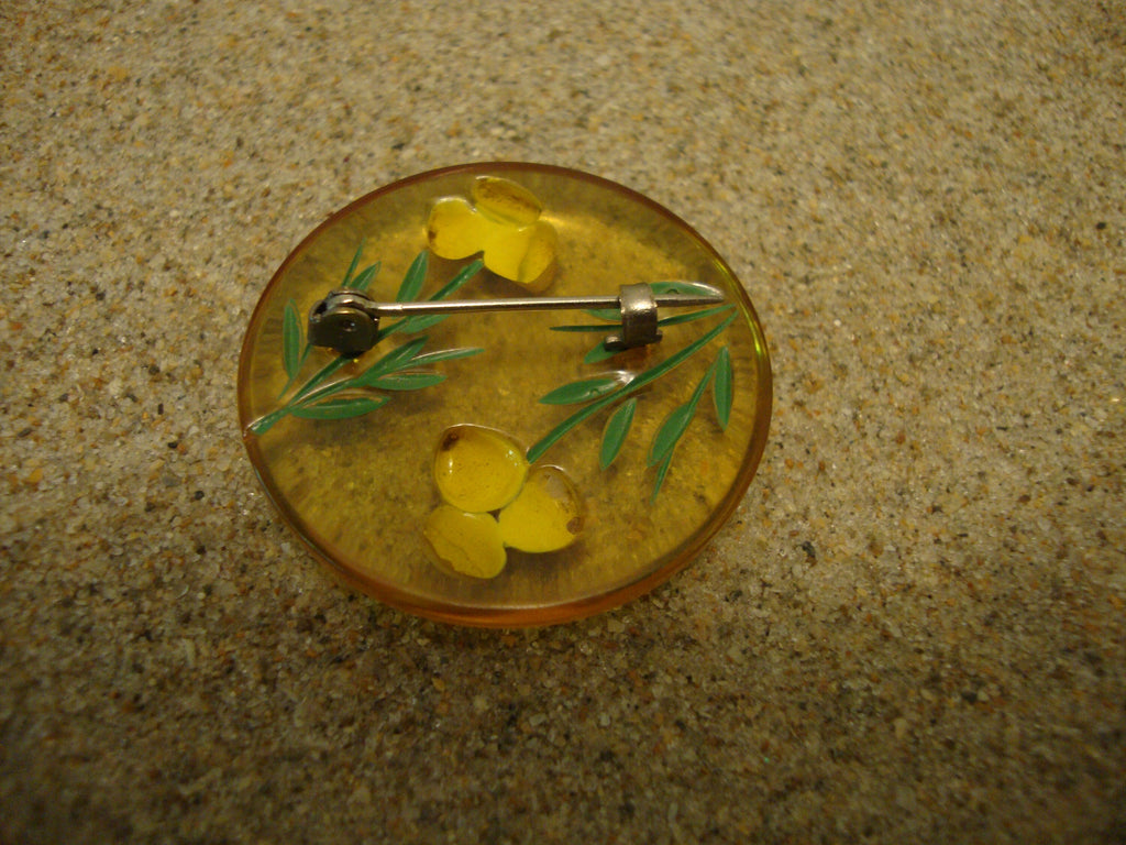 Vintage Bakelite Brooch: Hand-Painted Reverse Carved Flowers