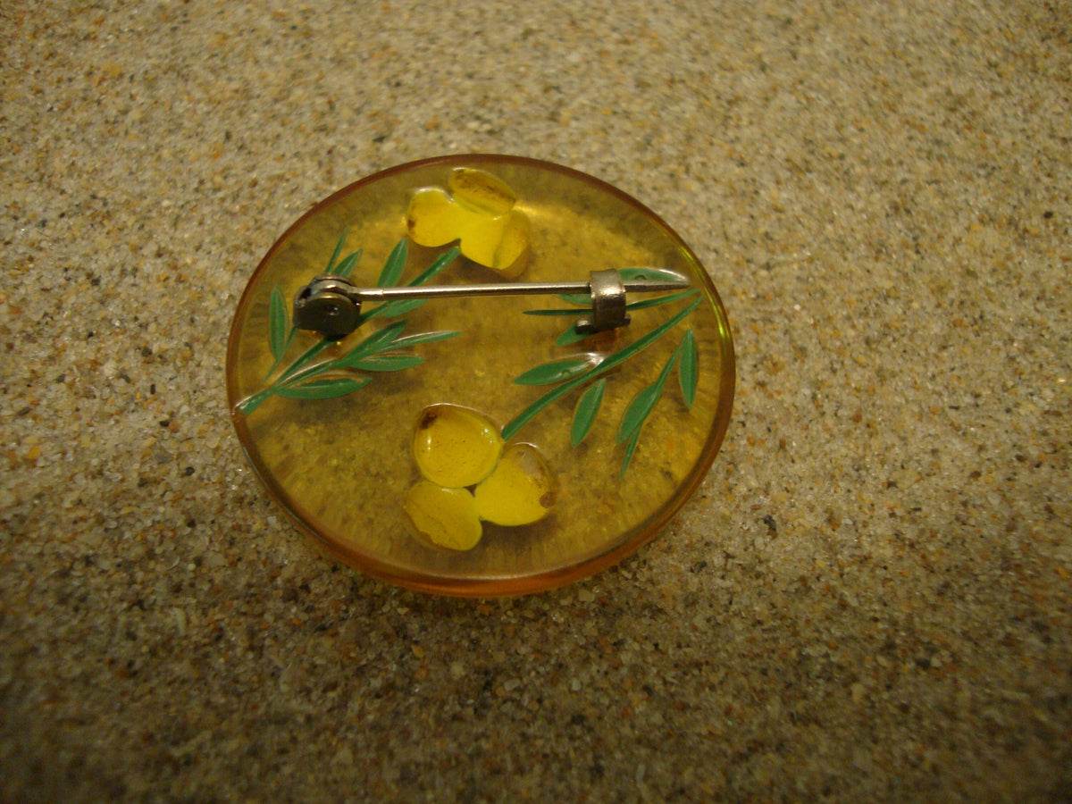 Vintage Bakelite Brooch: Hand-Painted Reverse Carved Flowers