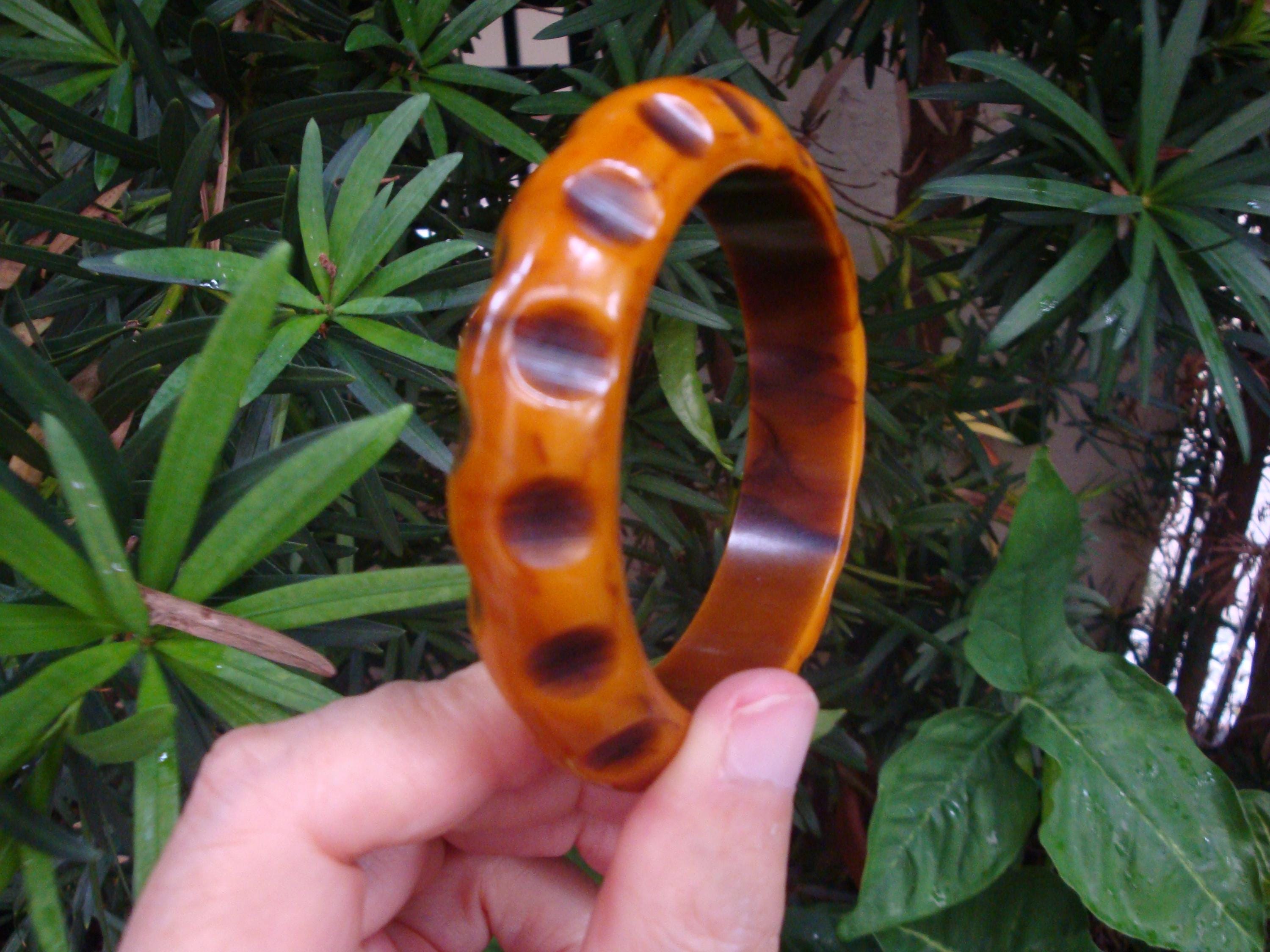 Vintage 3/4" Bakelite Bracelet! Mottled Butterscotch/Brown Color; Staggered Overdyed Dots!