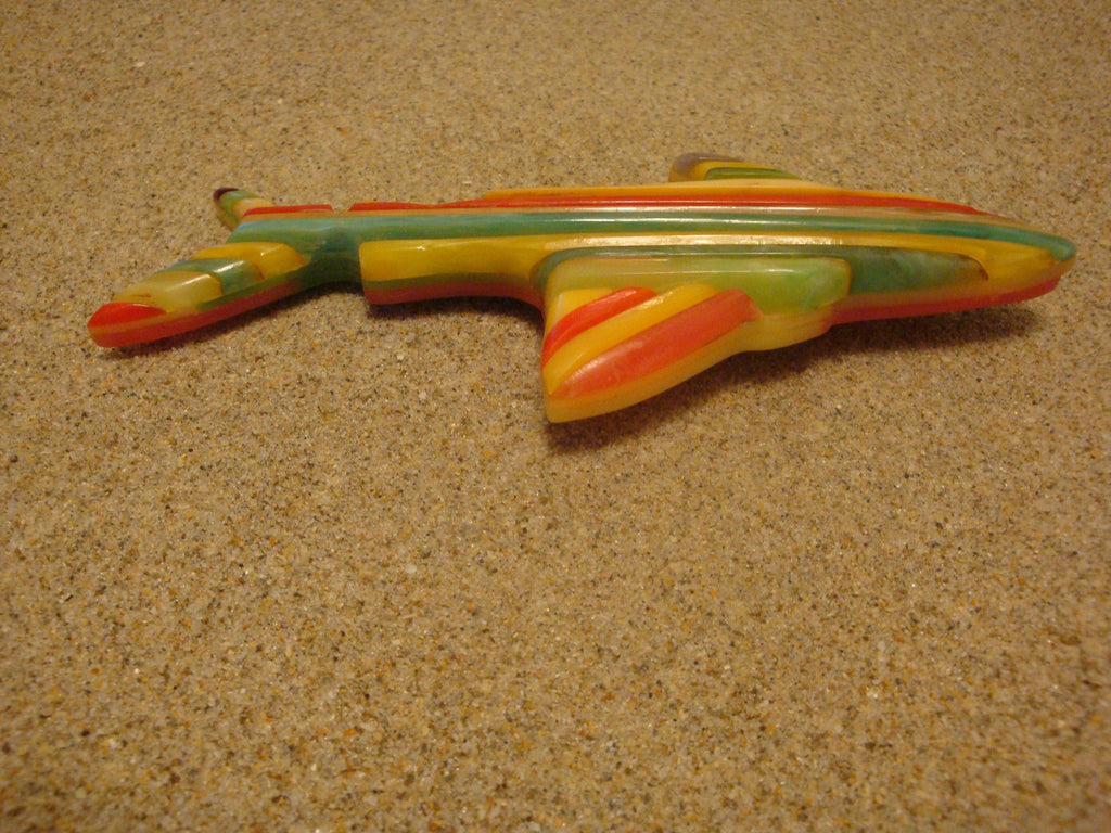 Rare Oversized Signed Shultz Shark Brooch! Bright Laminated Colors!