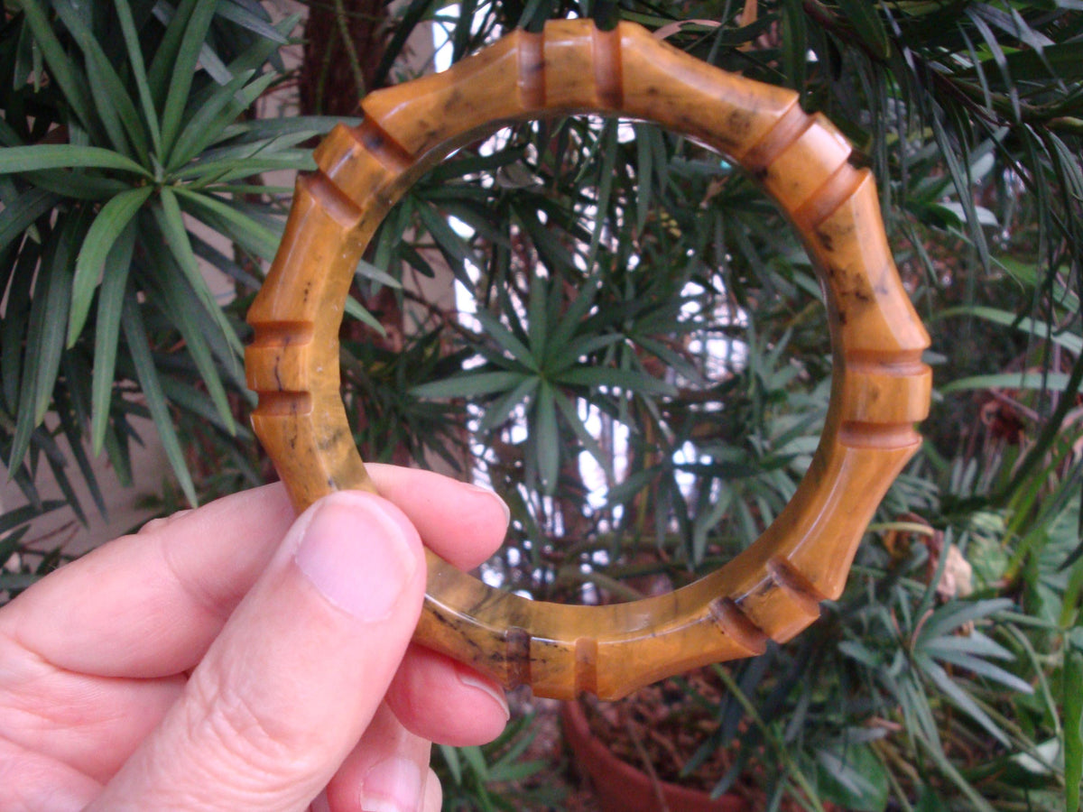 Vintage 1/2" Bakelite "Bamboo" Bracelet! Dark Mustard Yellow w/ Green Marbling!