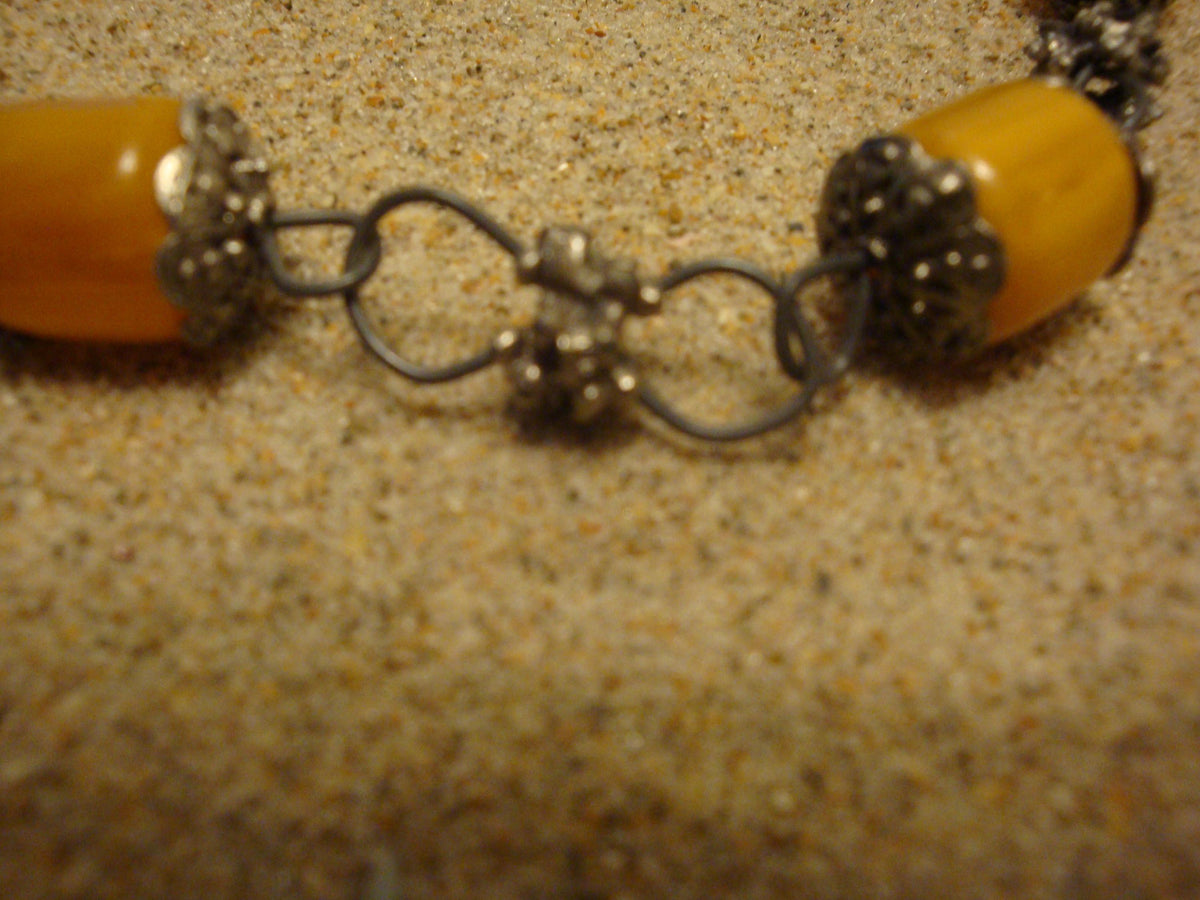 Vintage 33" Bakelite Necklace! Barrel Beads; Silvertone Chain, Settings Beads!