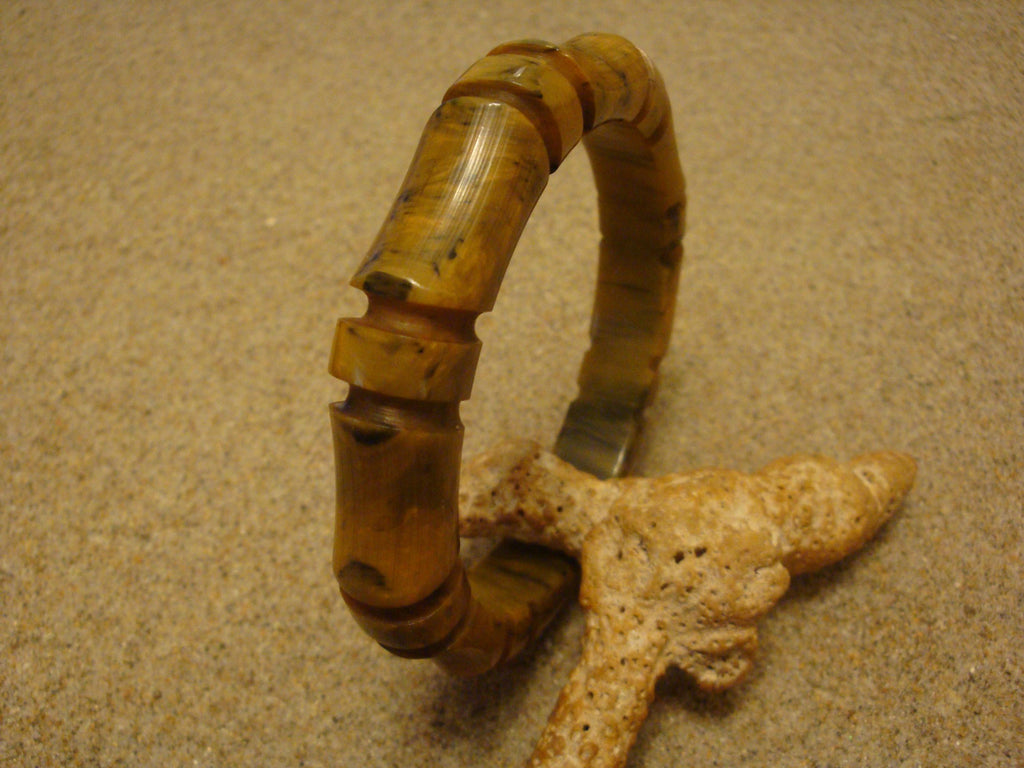 Vintage 1/2" Bakelite "Bamboo" Bracelet! Dark Mustard Yellow w/ Green Marbling!