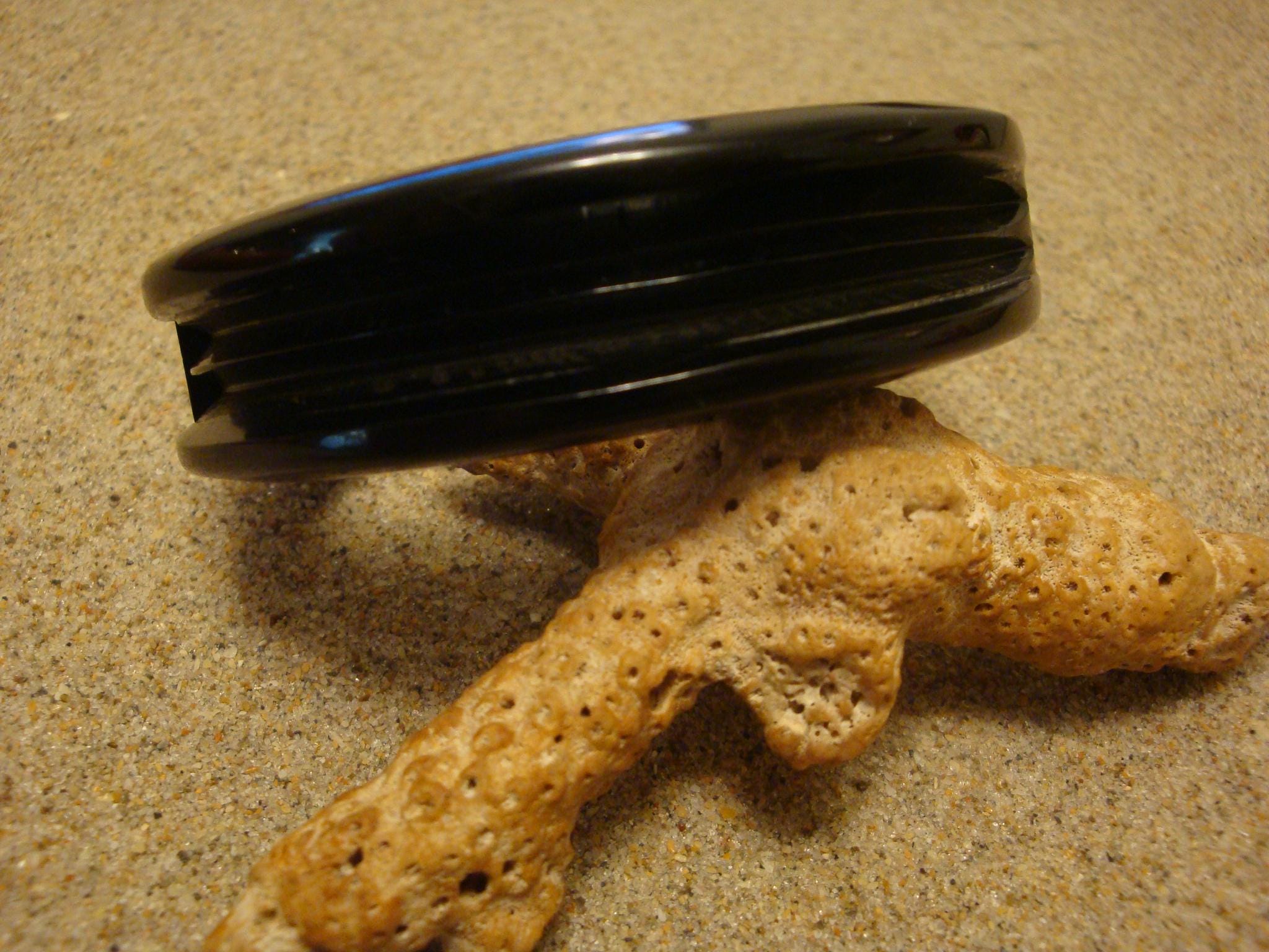 Art Deco Era True Black Bakelite Clamper Bracelet! Sleek Grooved Carved Design!